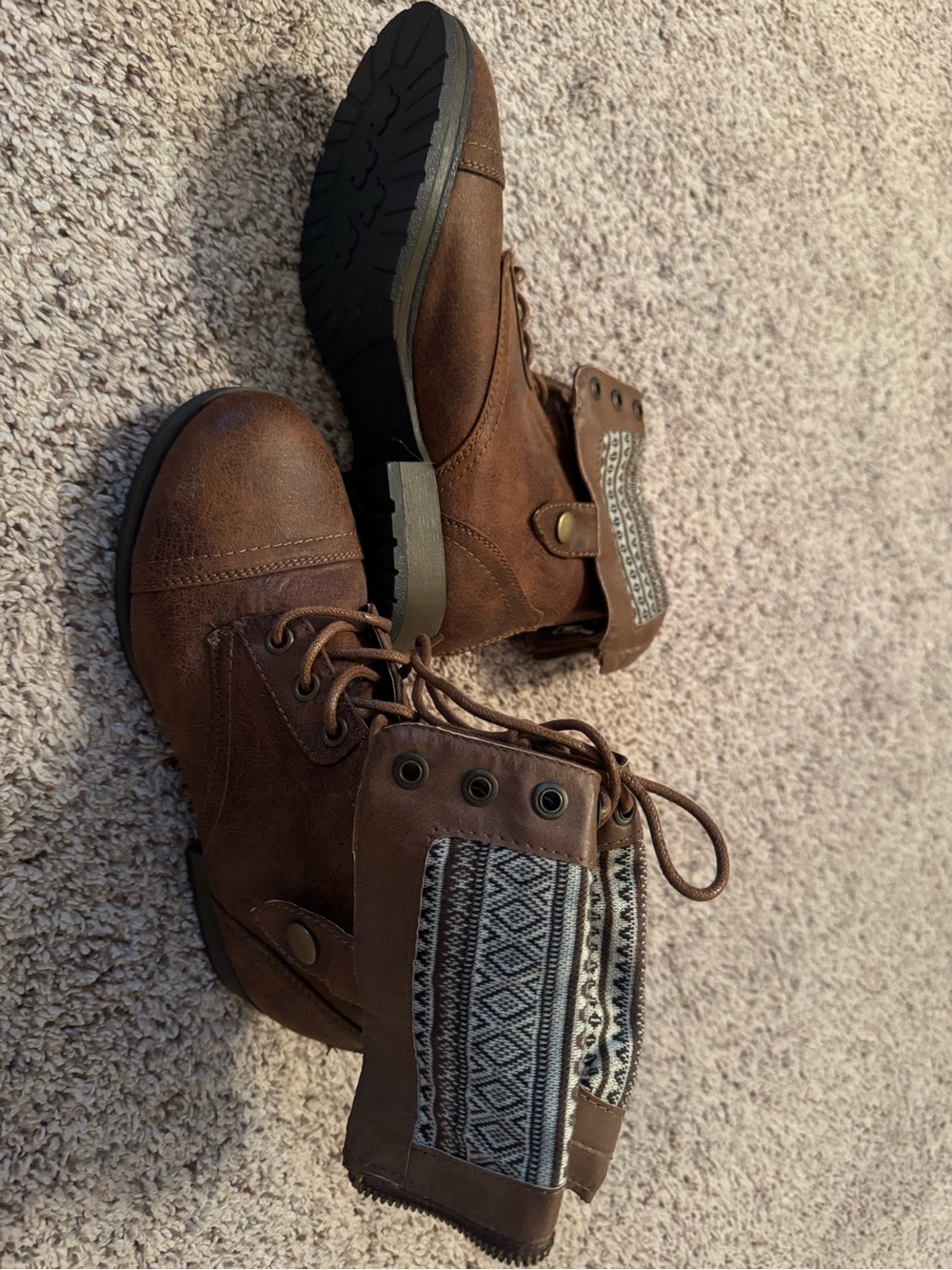 JustFab Brown Lace-Up Fold-Over Patterned Ankle Boots